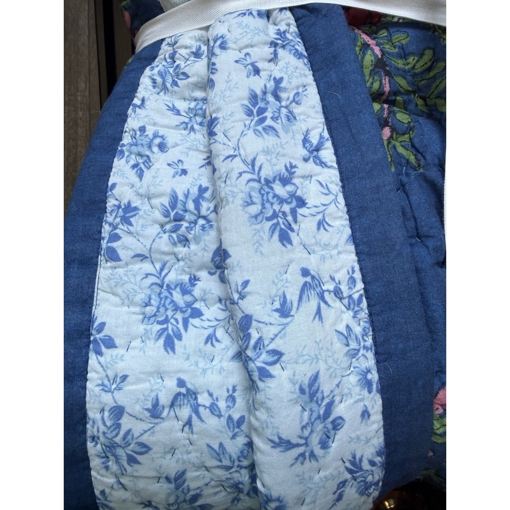 Aqua QUEEN Quilt & Shams Set Reversible Blue Toile Printed Floral Cotton Navy - Picture 8 of 11